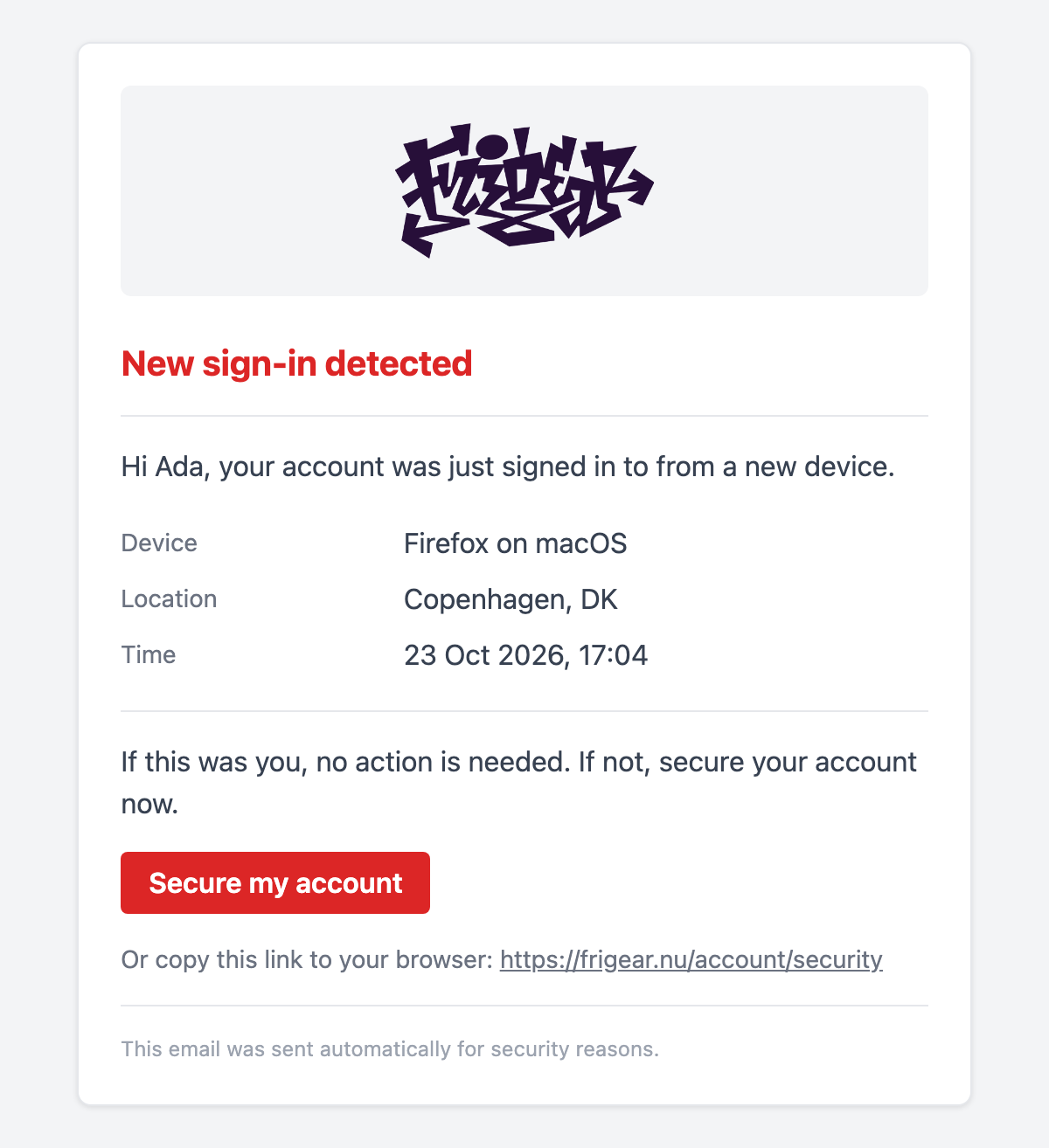 A new sign-in security alert with a details table
