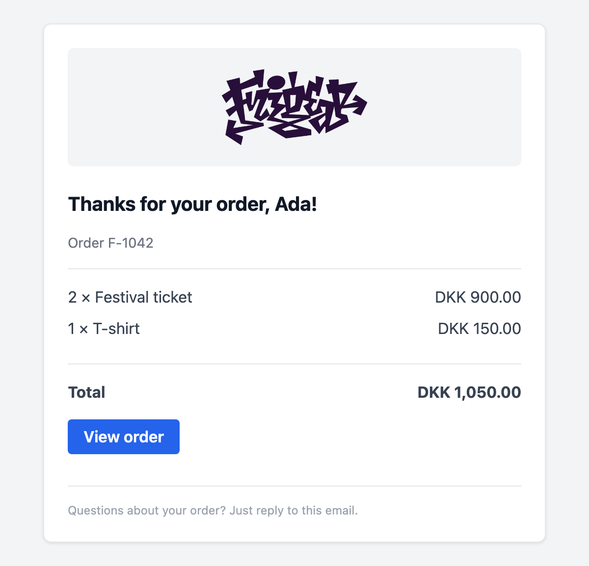 An order receipt with line items and a total