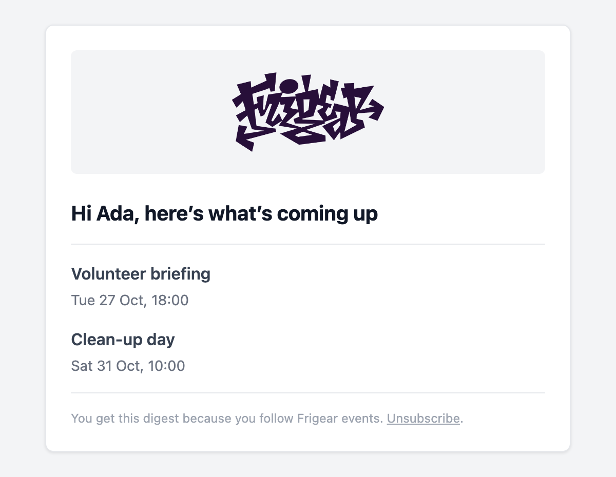 A weekly digest with event links and an unsubscribe footer